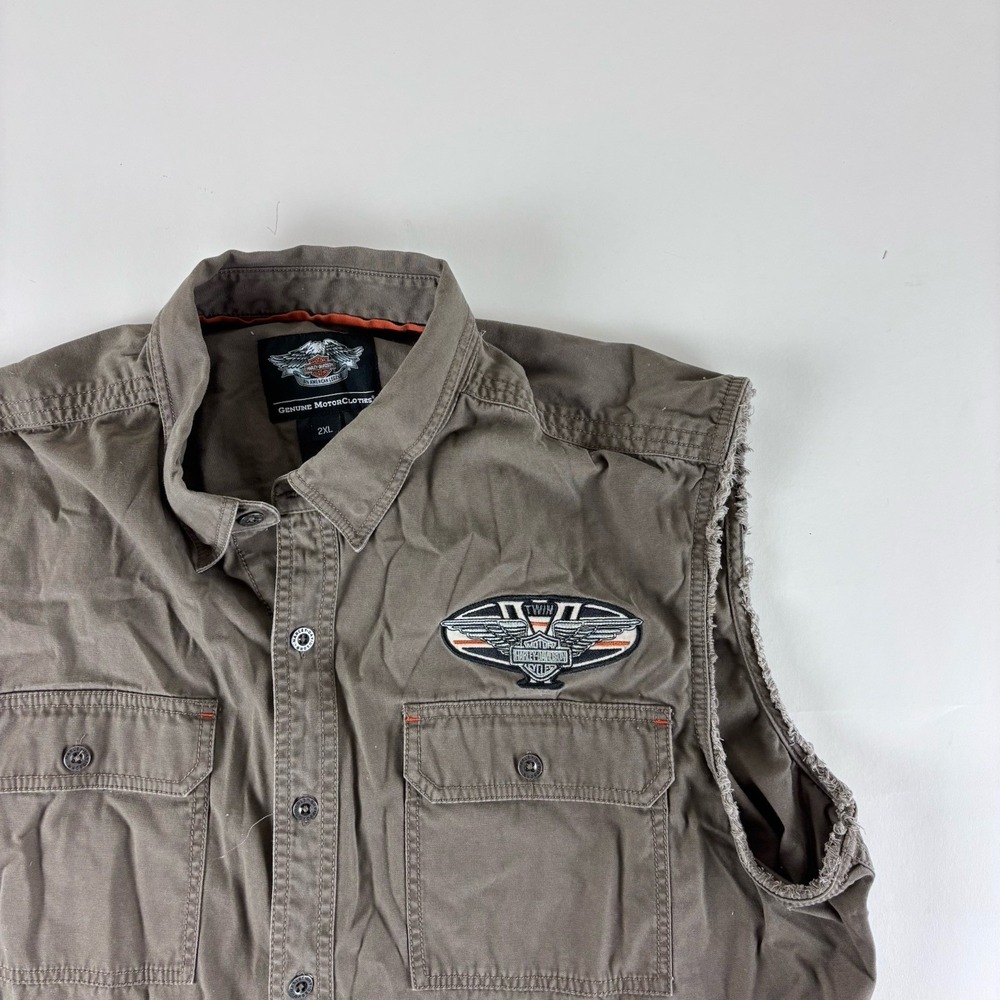 Harley Davidson‎ 2XL Sleeveless Button Down Shirt Vest Patch Mechanic XXL Brown - Picture 5 of 11